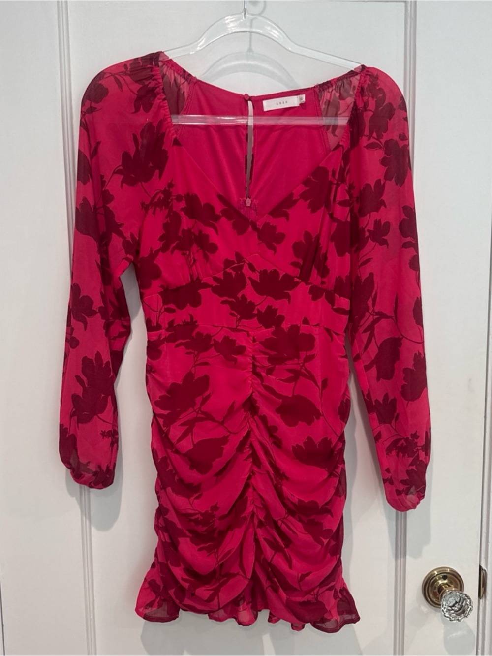 Red Floral Ruched Long-Sleeve Mini Dress by Lush